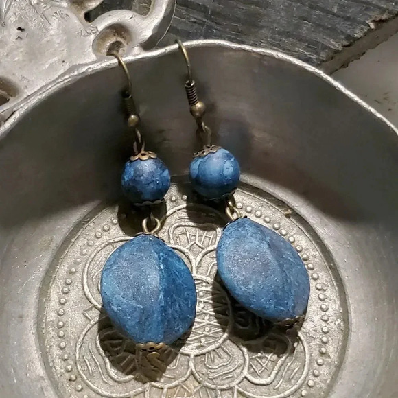 Rustic Bronze Metal Mottled Blue Lightweight Acrylic Handcrafted Dangle Earrings - Picture 4 of 5